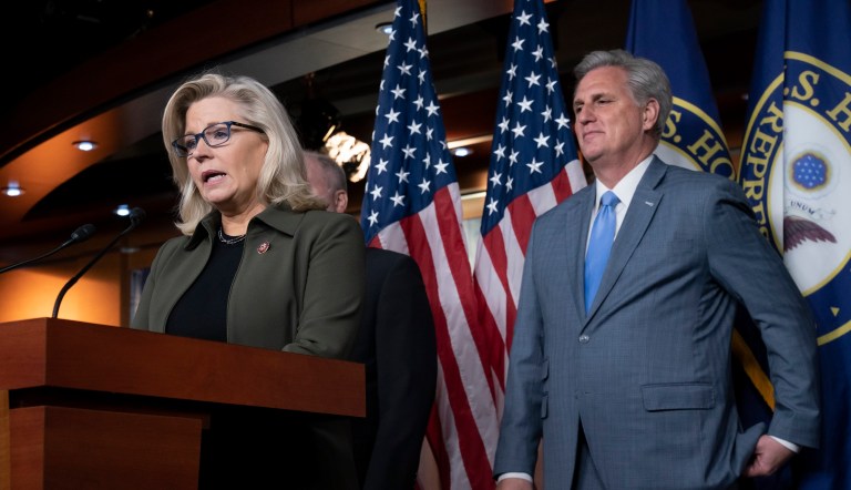 Rep. Liz Cheney, left, and House Republican Leader Kevin McCarthy in 2019.