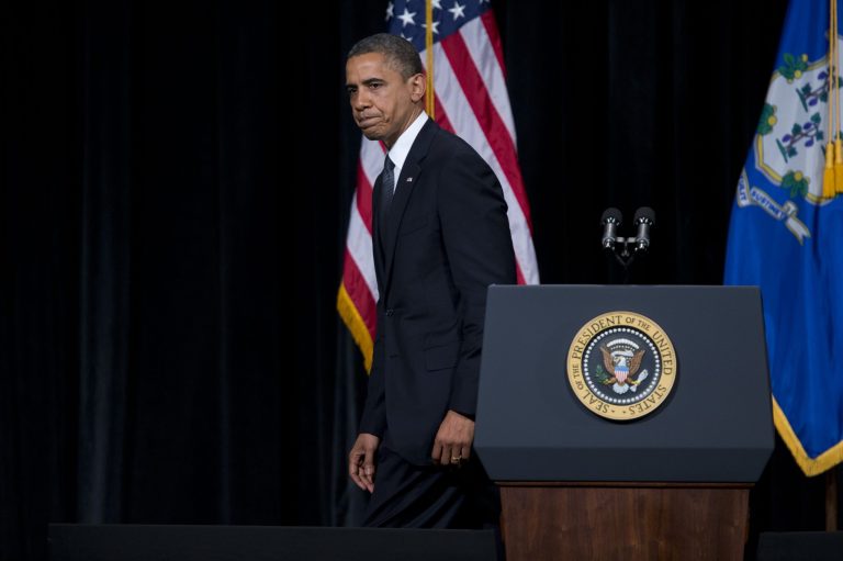 President Barack Obama walks off after delivering a speech at an interfaith vigil for the victims of the Sandy Hook Elementary School shooting on Sunday, Dec. 16, 2012 at Newtown High School in Newtown, Conn. Despite his passion on the issue, no gun control measures were enacted.