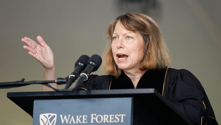 Jill Abramson, former executive editor of The New York Times, speaks at the commencement ceremony at Wake Forest University in Winston-Salem,N.C.