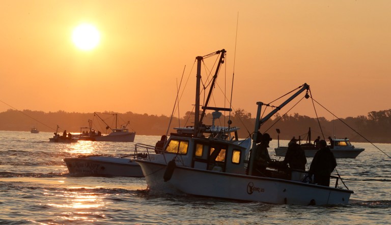 Oyster boats deploy their dredges and work a small section of the Rappahannock River as the sun rises near White Stone, Va.