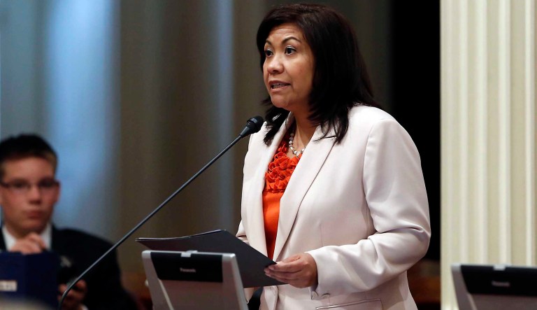 Sen. Norma Torres, D-Pomona, urges lawmakers to approve a measure that would allow non citizens to volunteer as poll workers, during the Senate session at the Capitol in Sacramento, Calif., Monday, July 8, 2013. By a 22-10 vote, the measure AB817, by Assemblyman Rob Bonta, D-Alameda was approved by the Senate. 