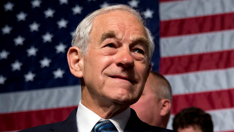 Former Texas Rep. Ron Paul awaits the start of his son's announcement of the start of his presidential campaign, Tuesday, April 7, 2015, at the Galt House Hotel in Louisville, Ky. (AP Photo/Carolyn Kaster)