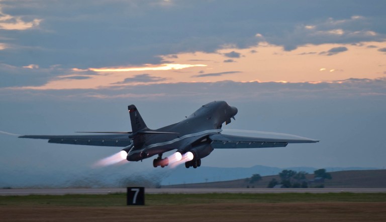 This July 24, 2012 photo provided by the U.S. Air Force shows a B-1 bomber rumbling down the flightline at Ellsworth Air Force Base, S.D., as part of a training mission.