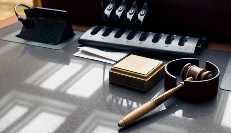 A gavel sits on a desk inside an appeals court.