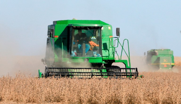 Combines harvests soybeans near Avoca, Nebraska.