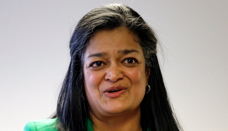Rep. Pramila Jayapal, D-Wash., center, speaks at the official opening of her Seattle district office.