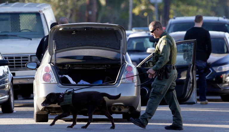 A K-9 police officer searches a vehicle after suspects drove off from Downey police headquarters into the city of Montebello, Calif., on Thursday, Nov. 19, 2015. An officer was shot earlier to death while sitting in his car in the parking lot of Downey police headquarters. Officer Ricardo Galvez was in the driver's seat of his personal vehicle when two male suspects ran up and opened fire late Wednesday. The five-year department veteran died in the car. Galvez was apparently targeted, Los Angeles County sheriff's officials said Thursday.   