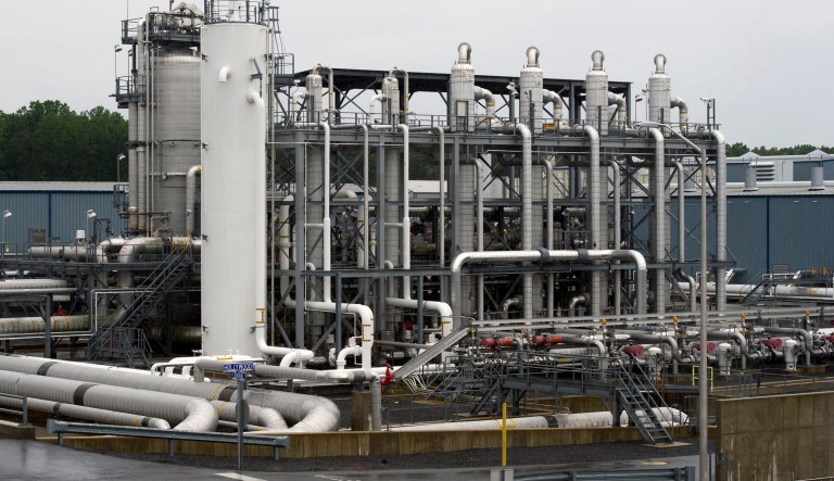 A heat exchanger and transfer pipes at Dominion Energy's Cove Point LNG Terminal in Lusby, Md.