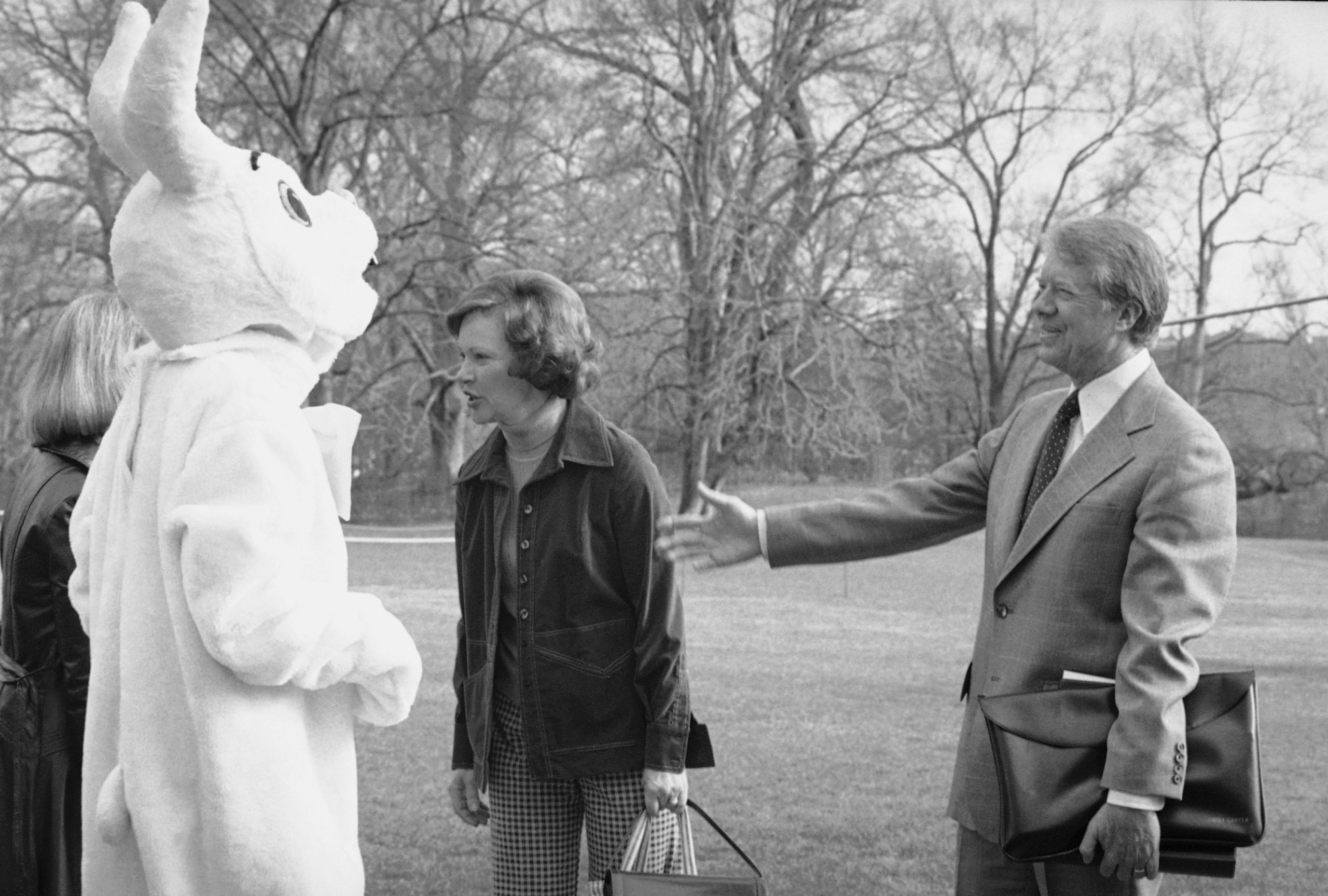 President Jimmy Carter greets the Easter Bunny prior to his departure for a weekend at Camp David in Washington, March 22, 1978.