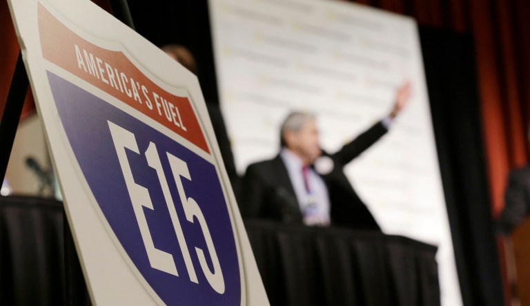 An E15 fuel sign sits on display during the Iowa Renewable Fuels Association meeting, Tuesday, Jan. 28, 2014, in Altoona, Iowa. 