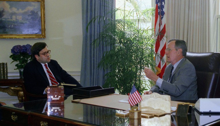 President George H.W. Bush meets with Attorney General William Barr in the Oval Office at morning, Thursday, May 1, 1992 in White House at Washington.