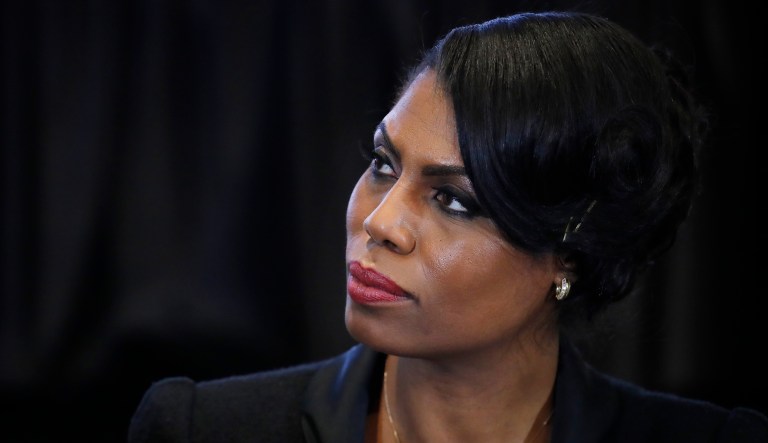 Omarosa Manigault Newman, then-director of communications for the White House Office of Public Liaison, listens to Vice President Mike Pence speak at the Eisenhower Executive Office Building in Washington, Feb. 27, 2017.