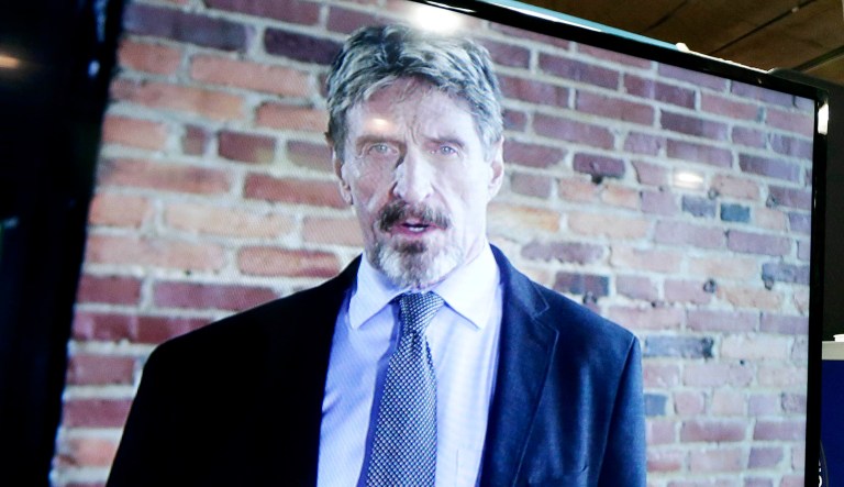 John McAfee is pictured on a television screen.