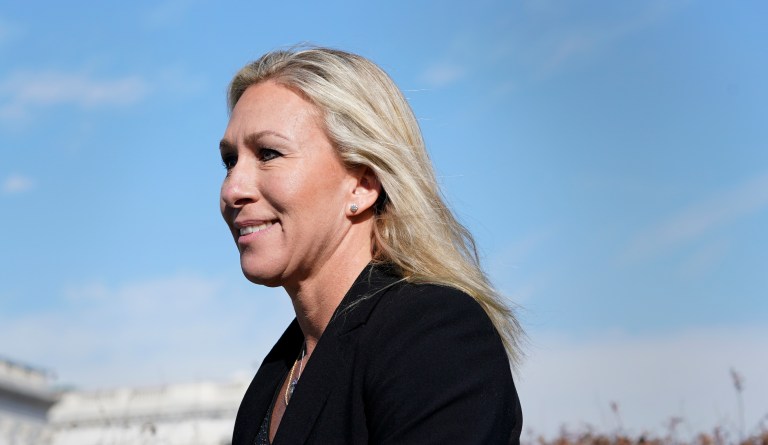 Rep. Marjorie Taylor Greene (R-GA) arrives to speak at a news conference on Capitol Hill.