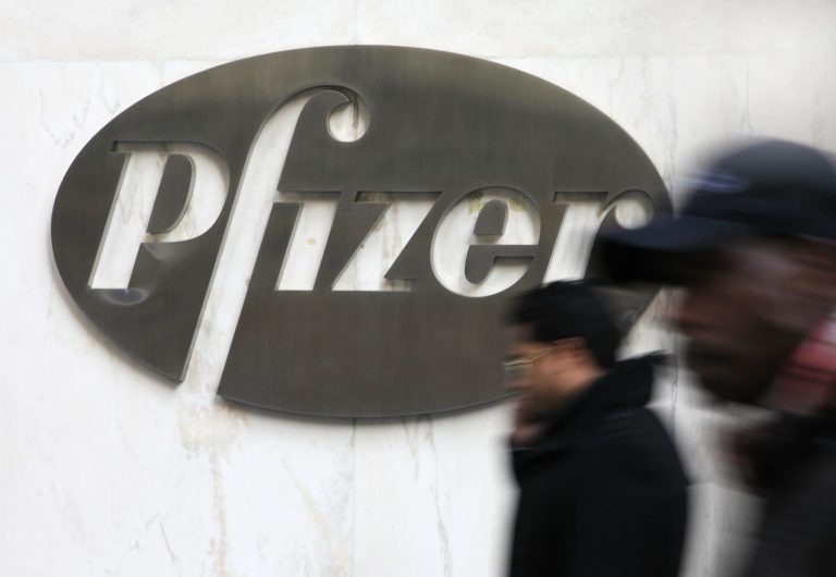 The Pfizer logo is displayed at the drug company's world headquarters in New York.