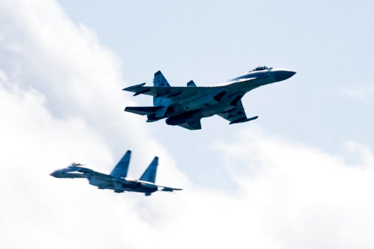 Russian Su 35 fighters of aerobatics team Russkiye Sokoly, or Russian Falcons, perform during the MAKS-2017 International Aviation and Space Show in Zhukovsky, outside Moscow, Russia, Friday, July 21, 2017.