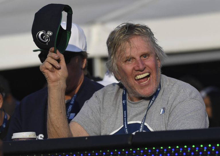 Actors Gary Busey (right) and his son Jake cheer during the second half of an NFL football game between the Los Angeles Rams and the New Orleans Saints in Los Angeles.