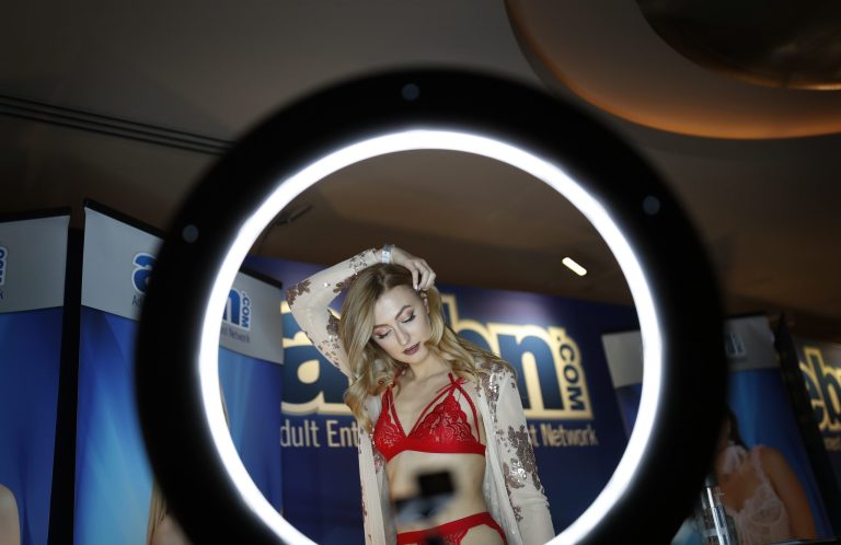 Porn actress Alexa Grace stands at a booth to meet with fans during the AVN Adult Entertainment Expo, Wednesday, Jan. 24, 2018, in Las Vegas. The operator of an adult site said traffic increased after federal stimulus checks arrived.