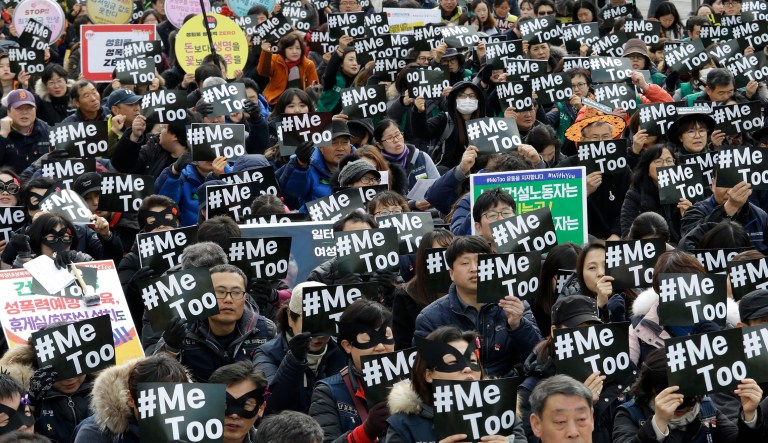 Demonstrators supporting the MeToo movement stage a rally to mark the International Women's Day in Seoul, South Korea, on March 8.