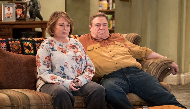 FILE - In this image released by ABC, Roseanne Barr, left, and John Goodman appear in a scene from the reboot of "Roseanne," premiering on Tuesday at 8 p.m. EST. 