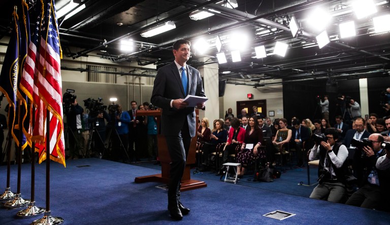 Speaker of the House Paul Ryan, R-Wis., leaves after telling reporters he will not run for re-election amid Republican concerns over keeping their majority in the House of Representatives. 