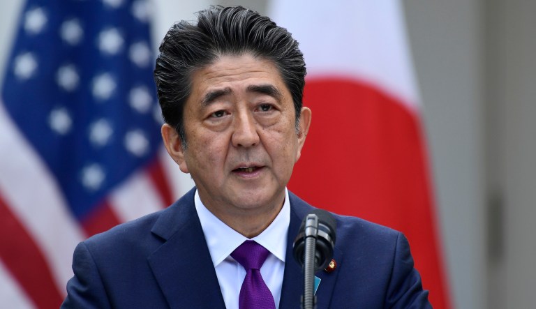 Japanese Prime Minister Shinzo Abe speaks during a news conference with President Trump during a news conference in the Rose Garden.