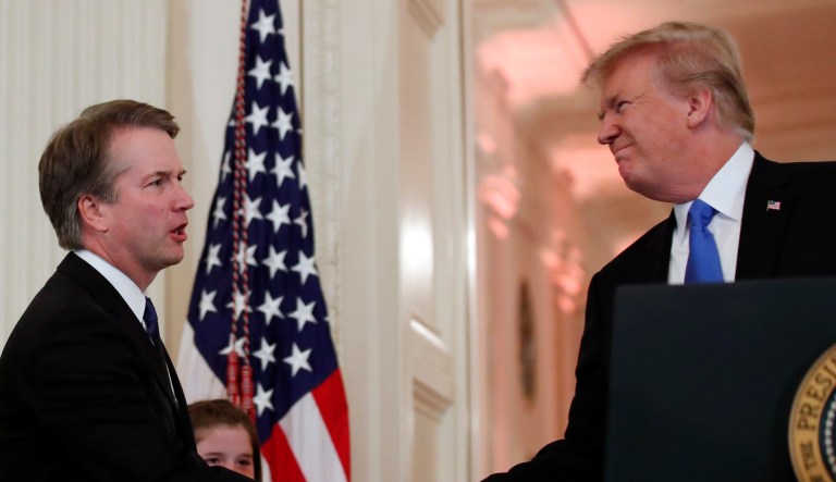 President Trump shakes hands with Judge Brett Kavanaugh his Supreme Court nominee, in the East Room of the White House, Monday, July 9, 2018, in Washington.  