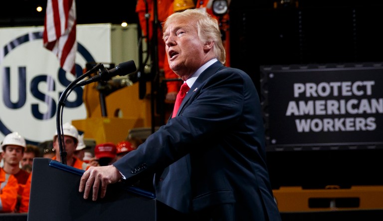 President Trump speaks about trade at Granite City Works Steel Coil Warehouse on July 26, 2018, in Granite City, Ill. 