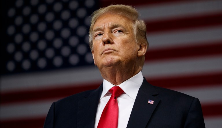 President Trump pauses during remarks at a campaign rally. 