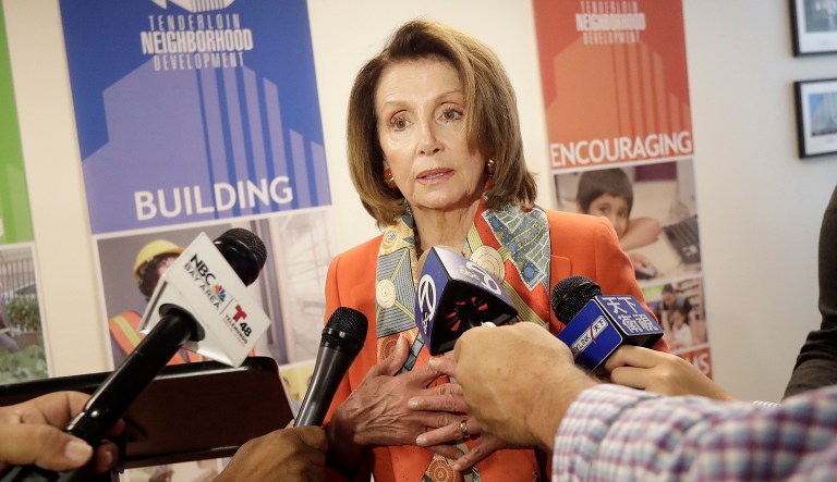 House Minority Leader Nancy Pelosi speaks to reporters in San Francisco.