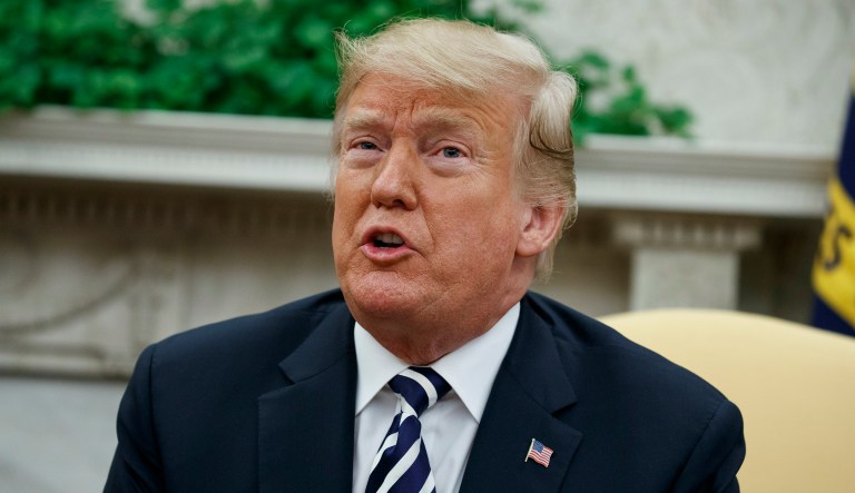 President Trump speaks during meeting in the Oval Office of the White House. 