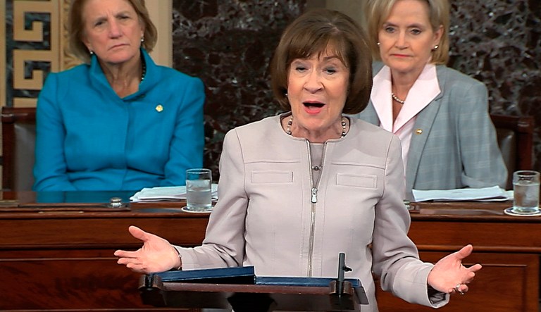 In this image from video provided by Senate TV, Sen. Susan Collins, R-Maine, speaks on the Senate floor about her vote on Supreme Court nominee Judge Brett Kananaugh, Friday, Oct. 5, 2018.