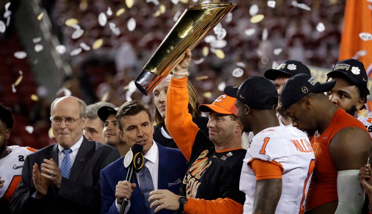 Clemson head coach Dabo Swinney celebrates after the NCAA college football playoff championship game against Alabama, Monday, Jan. 7, 2019, in Santa Clara, Calif. Clemson beat Alabama 44-16.