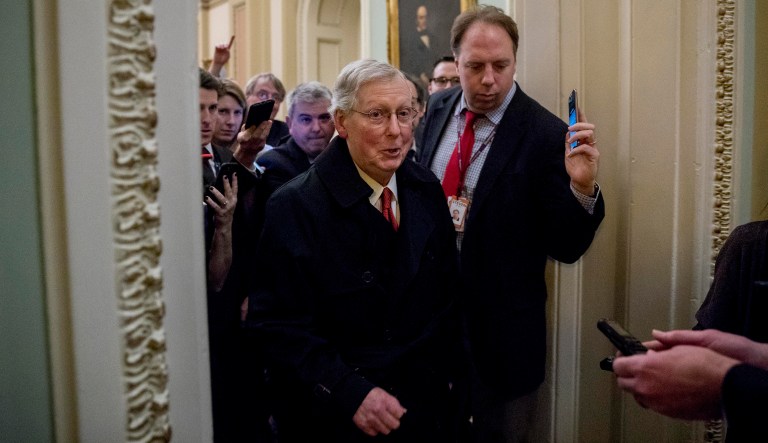 Senate Majority Leader Mitch McConnell of Ky., leaves for the day after two Senate bills to ending the partial government shutdown fail on Capitol Hill in Washington, Thursday, Jan. 24, 2019.