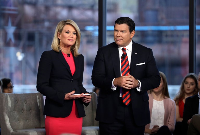 Bret Baier, right, and Martha MacCallum, left, during a Fox News town-hall style event with Sen. Bernie Sanders on April 15, 2019, in Bethlehem, Pa.