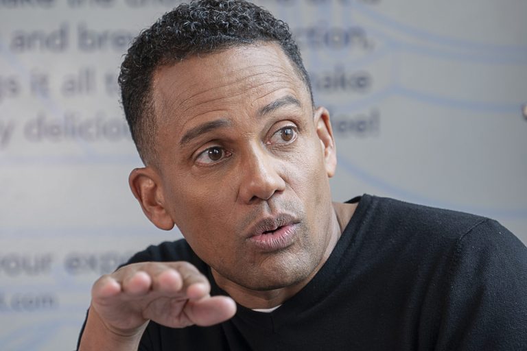 Actor, author, and owner of Roasting Plant Coffee Hill Harper discusses financial literacy at the Roasting Plant at the #BoostAmerica campaign launch on Wednesday, May 1, 2019, in Detroit.