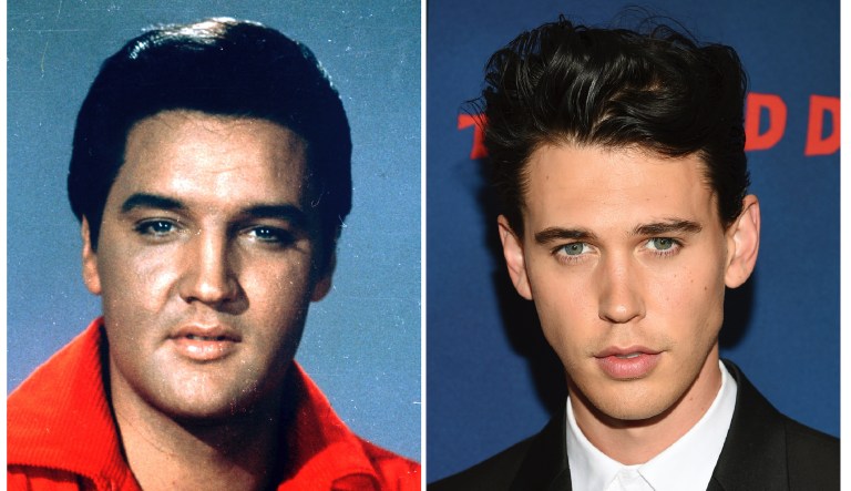 This combination photo shows singer-actor Elvis Presley in a 1964 photo, left, and actor Austin Butler at the premiere of 