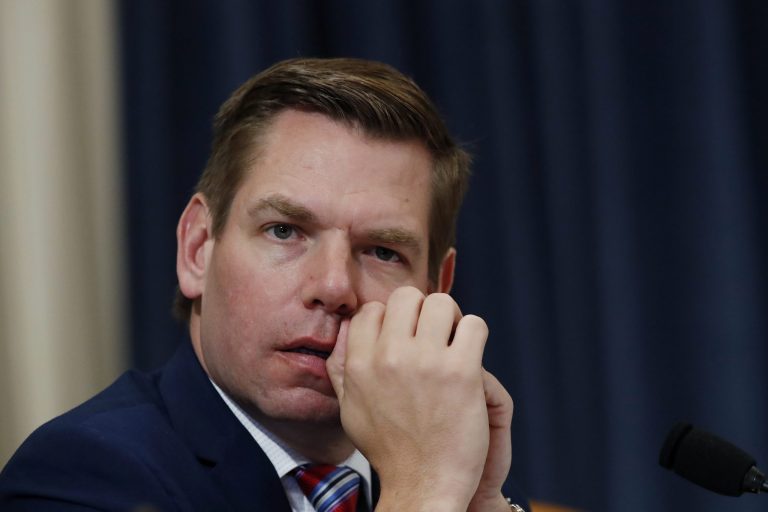 Rep. Eric Swalwell, D-Calif., listens to the testimony. (AP Photo/Alex Brandon)
