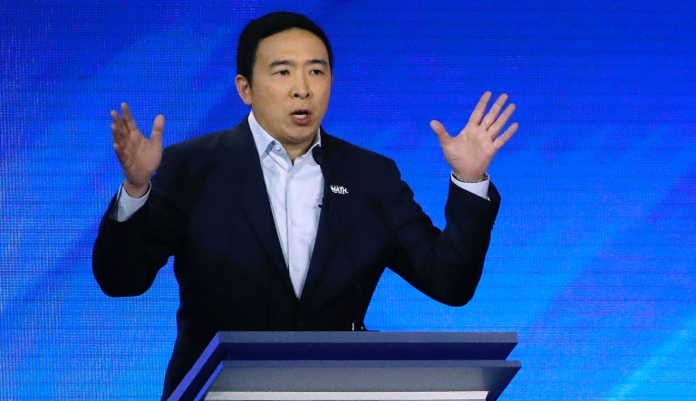 Entrepreneur Andrew Yang speaks during a Democratic presidential primary debate, Friday, Feb. 7, 2020, hosted by ABC News, Apple News, and WMUR-TV at Saint Anselm College in Manchester, N.H.