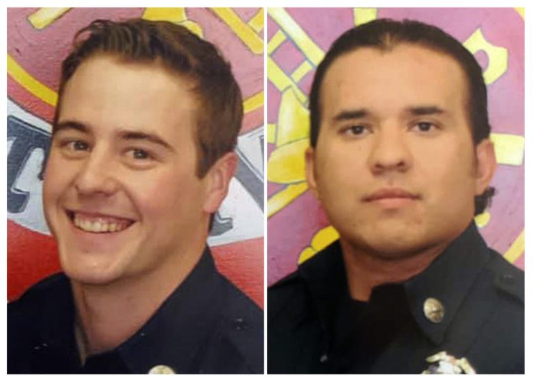 This combination of undated file photos provided by the Porterville, Calif., Fire Department shows firefighter Patrick Jones, left, and Capt. Raymond Figueroa. Murder charges were filed Friday, Feb. 21, 2020, against two 13-year-old boys suspected of starting a blaze that killed the two firefighters at a central California library.