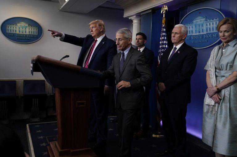 President Donald Trump points towards the media during a coronavirus task force briefing at the White House, Friday.