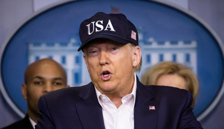 President Trump speaks during a coronavirus news briefing at the White House.