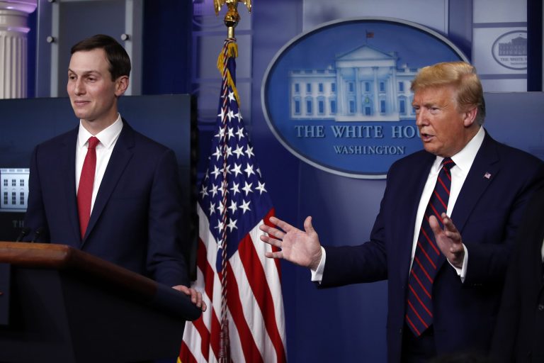 President Donald Trump speaks about the coronavirus in the James Brady Press Briefing Room of the White House, Thursday, April 2, 2020, in Washington, as White House adviser Jared Kushner listens.