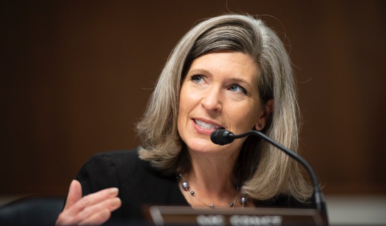 Sen. Joni Ernst, R-Iowa, speaks during a Senate Judiciary Committee confirmation hearing on the nomination of Judge Justin Walker to be a U.S. Circuit Court judge for the District of Columbia Circuit on Capitol Hill in Washington, Wednesday, May 6, 2020. 