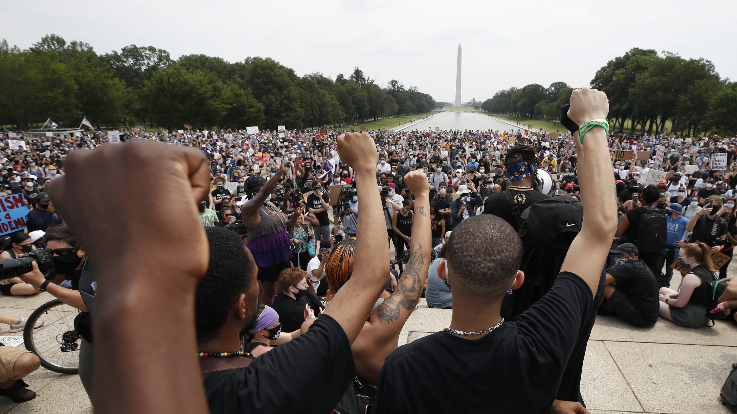 Demonstrators protest Saturday at the Lincoln Memorial in Washington over the death of George Floyd, a black man who was in police custody in Minneapolis.