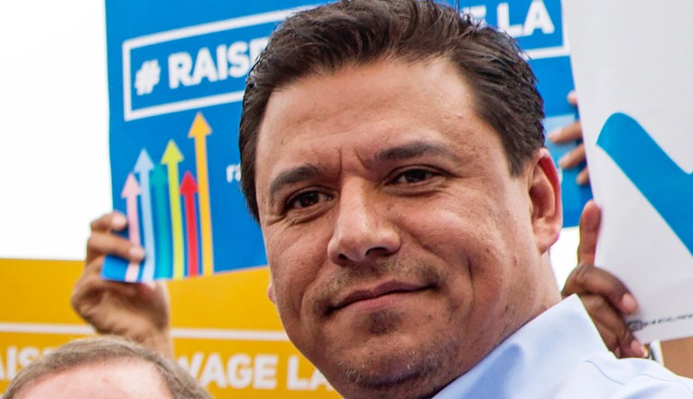 In this June 13, 2015, file photo, Los Angeles City Councilman Jose Huizar is seen at the signing of a minimum-wage ordinance at Martin Luther King Jr. Park in Los Angeles.