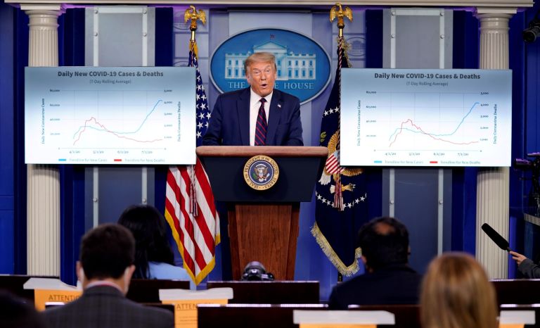 President Donald Trump speaks during a news conference at the White House, Tuesday, July 21, 2020, in Washington.