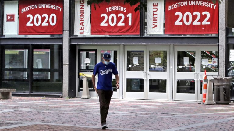 Weston Koenn, a graduate student from Los Angeles, leaves the Boston University student union building.