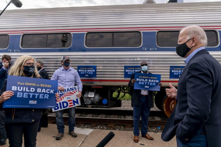 Democratic presidential nominee Joe Biden speaks to supporters during a train tour through Ohio and Pennsylvania on Sept. 30.