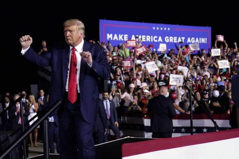 President Donald Trump dances after a campaign rally at Pensacola International Airport, Friday, Oct. 23, 2020, in Pensacola, Fla.